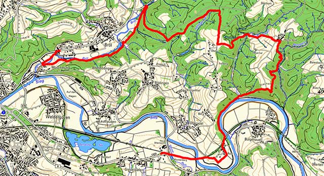 Route der Etappe auf dem Bergischen Weg von Bröl nach Blankenberg